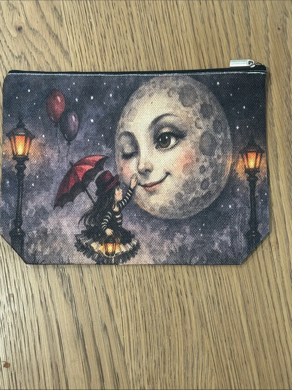 Whimsical Moon Face Printed Zip Pouch - Black & Red